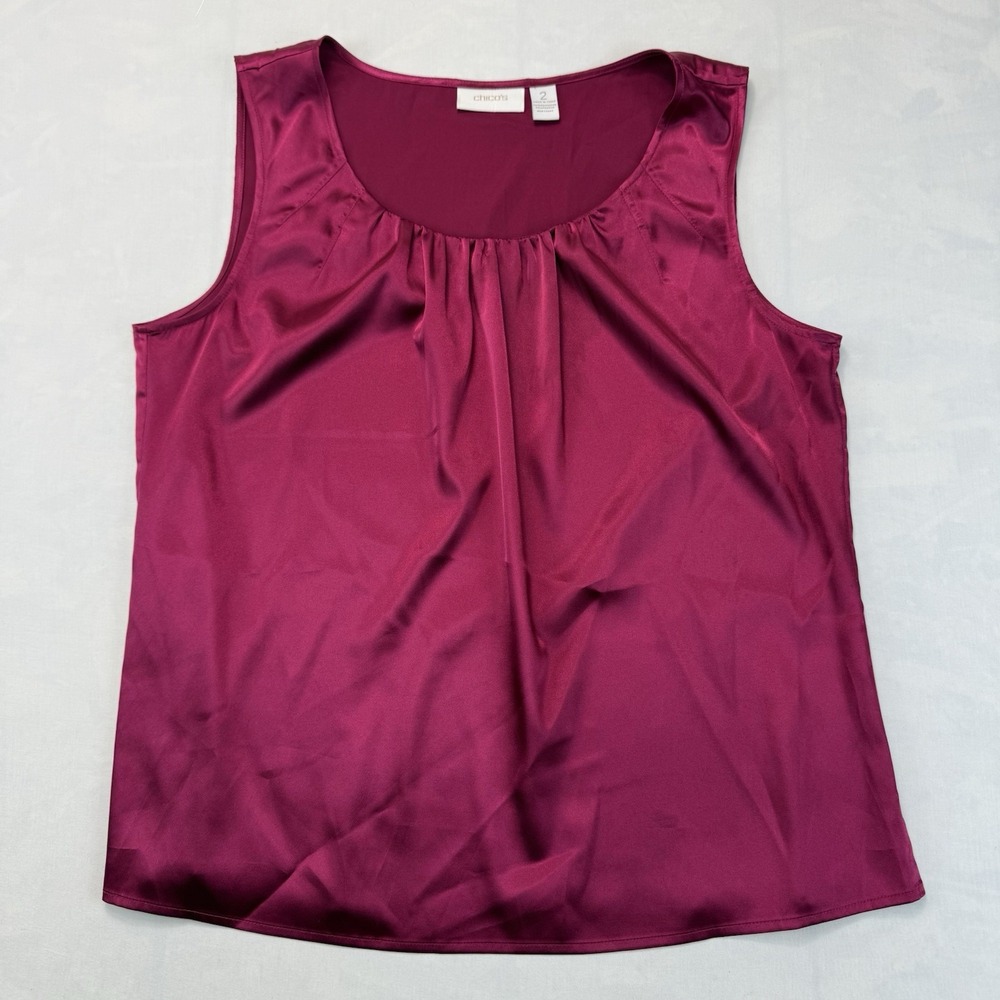 Chico's Women's Size Large Magenta Pink Satin Sleeveless Pleated Blouse Tank Top